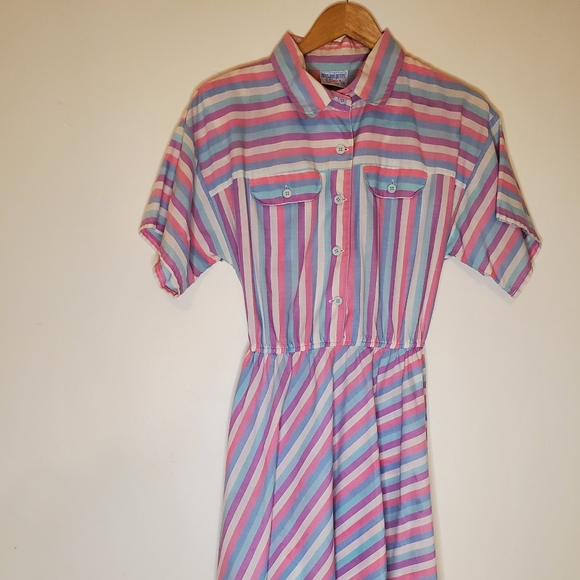 Pink Bubblegum White, Blue and Purple Striped 80s Short Sleeve Shirt Dress - Picture 11 of 15